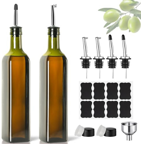 Ölflasche, 2x500 ml Essig und Ölspender, Olivenölflasche mit Trichter, Anlaufgeschütztem Deckel, Etikett, Glasflasche für Küche und BBQ (Grün, 500ml)