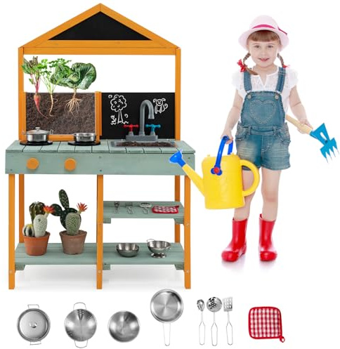 COSTWAY Cucina Giocattolo per Giardino con Vaso da Piantinaggio Trasparente, Rubinetto e Lavandino Rimovibile, Cucina in Legno di Abete per Bambini, Set Cucina con 8 Accessori (Verde e Arancio)