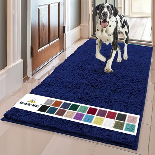 Muddy Mat® AS-SEEN-ON-TV Highly Absorbent Microfiber Dog Door Mat and Pet Rug, Non Slip Thick Washable Area and Bath Mat Soft Chenille for Kitchen Bathroom Bedroom and Indoor - Navy Blue XL 59X35