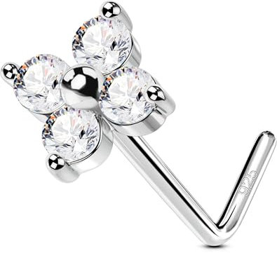 OUFER 20G Blume Nasenring Silber 925 Nasenpiercing L-förmig Nostril Piercing Ring 7 mm Nasenstecker Klar CZ Nasenpiercing Stecker Nasenpiercing Schmuck
