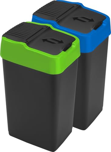 LAVV HOUSEWARES LTD Double Plastic Indoor Recycling Bin with Swing Lid Top Colour Coded (Green & Blue, 2 x 18L)