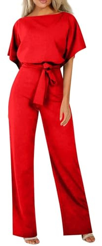 HOOUDO Playsuits for Women UK Wedding Summer Short Sleeve Playsuits Ladies Plain Casual Wide Leg Pant Belted Romper Formal Wedding Overalls Baggy One Piece Outfits Dungarees My Orders Red