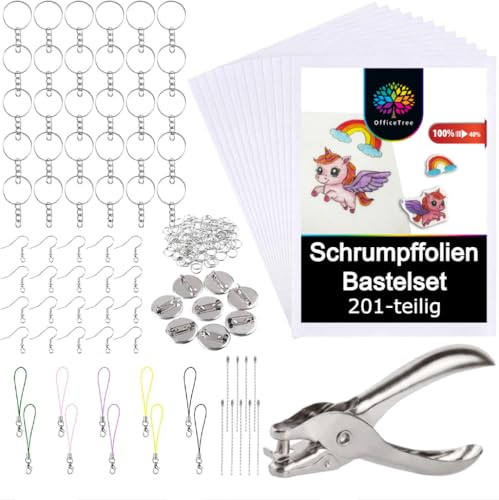 OfficeTree Krympfolieset - 201 Delar - Krympfolie för Pyssel inkl. Nedladdningsbara Mallar - Shrink Paper för Nyckelring eller Smycke - Shrink Plastic Sheets Set