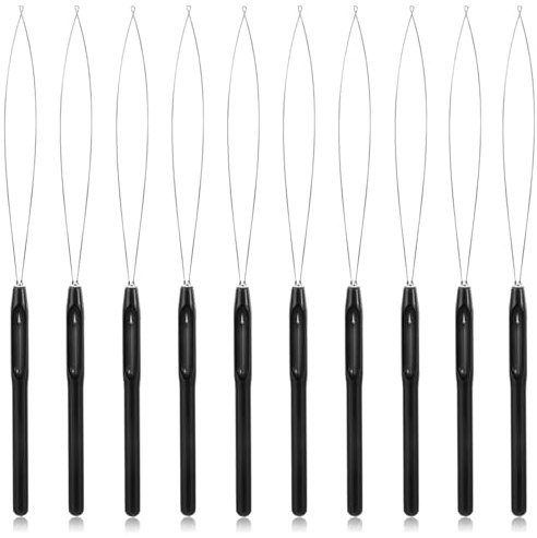 10 Pièces aiguilles pour extensions de cheveux,Outil de périphérique de perle pour Extensions de plumes,Nano perles Enfile-crochet, Outil de traction à micro boucles (Noir)