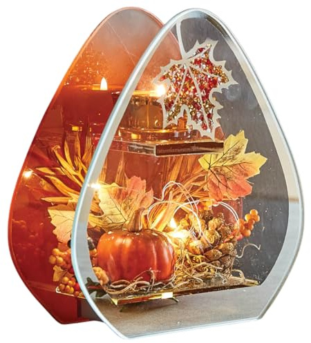 Coopers of Stortford - Autumn Glass LED Candle Holder with Pumpkin and Floral Design - Decorative Tealight Lantern for Home - Battery Operated Indoor Ornament