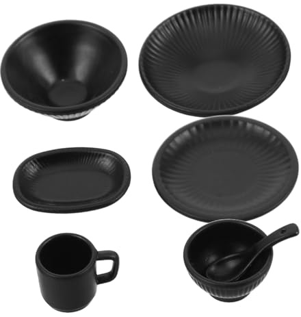 Toddmomy 7 Stoviglie Miniatura in per Casa delle Bambole Piatti Ciotole e Tazze Nere Righe Verticali Accessori Decorativi Resistenti per Giochi di Ruolo e