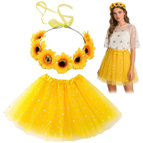 VRYNDH 1 Pezzo Tutù Gonna in Tulle, Adulto 30cm Gonna in Rete per Feste di Compleanno, Decorazioni Carnevale,Con una ghirlanda di girasoli