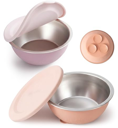 Moonkie Ciotole Svezzamento in Acciaio Inox con Coperchi in Silicone e Base a Ventosa | Design Monopezzo | Senza BPA | 13oz | Lavastoviglie OK | Dai 4M+ | Set da 2 (Rosa cipria/Lilla nebbia)