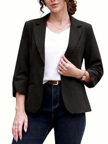 QUELDRA Blazer Femme Élégant Business Décontracté Manches 3/4 Froncées 1 Bouton Col à Revers Veste de Bureau avec Poches