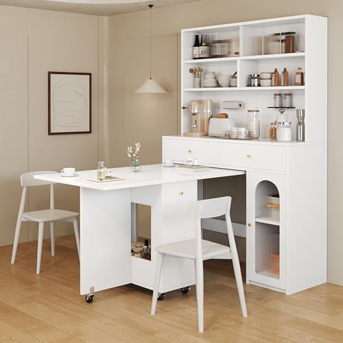 NuvlaGu Set de armario de cocina con mesa de comedor plegable, mesa de bar móvil con ruedas, armario alto con espacio de almacenamiento y superficie de trabajo, muebles de cocina que ahorran espacio