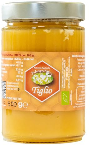Miele di tiglio italiano biologico 500g, aromatico e leggermente mentolato, ideale per tisane, dolci e abbinamenti con formaggi stagionati.