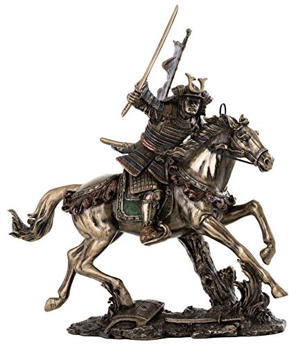 Top Collection Samurai Riding Horse with Sword in Hand Statue - Japanese Warrior in Combat Sculpture in Premium Cold Cast Bronze - 8-Inch Collectible Figurine