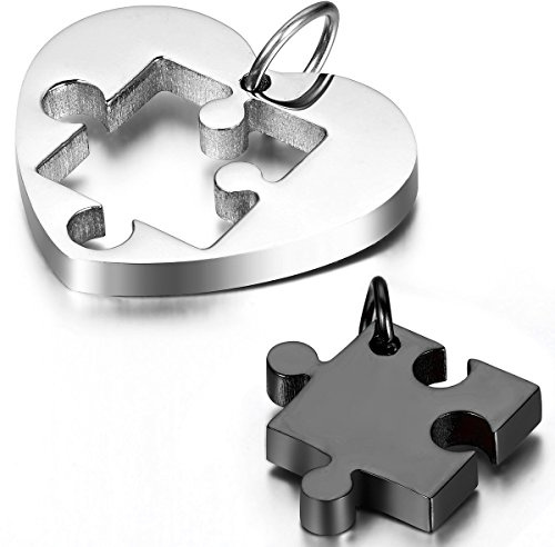 JewelryWe Unisex Simple Heart Puzzle Friendship Chains Stainless Steel Heart with 45 cm and 54 cm Chains, Gold and Black/Blue/Silver