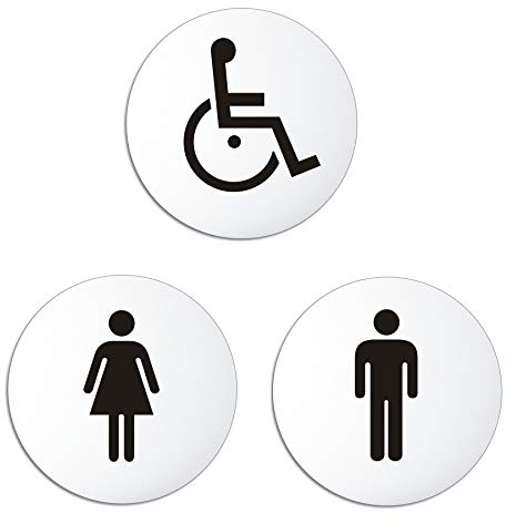 WC-Schilder Damen Herren Rollstuhl 3er-Set Aluminiumschilder Ø 100 mm Hintergrund lichtgrau UV-beständig selbstklebend Nr.54111