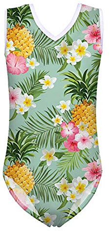 Binienty Breathable One Piece Swimsuits for Girls, Tropical Pineapple Flowers Print, V-Neck Sleeveless Gymnastics Swimwear