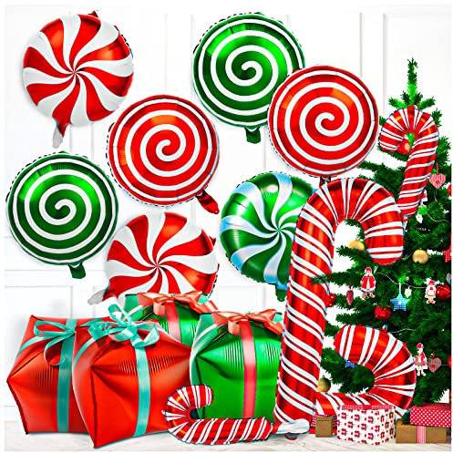 Kit di 32 palloncini natalizi in Mylar a forma di bastoncino di zucchero, con nastri, palloncini rossi e verdi per decorazioni per feste e compleanni