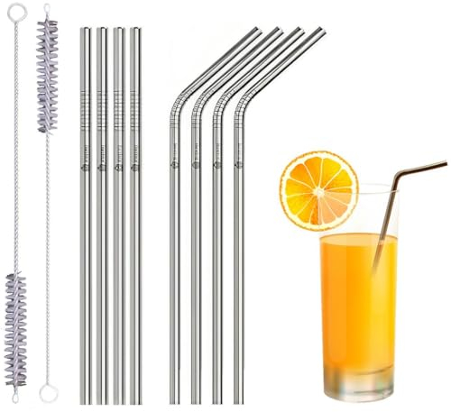 Set di 10 cannucce riutilizzabili in metallo, 216 mm, ecologiche, in acciaio inox, per cocktail, frappè, bevande fredde/calde (4 dritte + 4 piegate + 2 detergenti), senza BPA