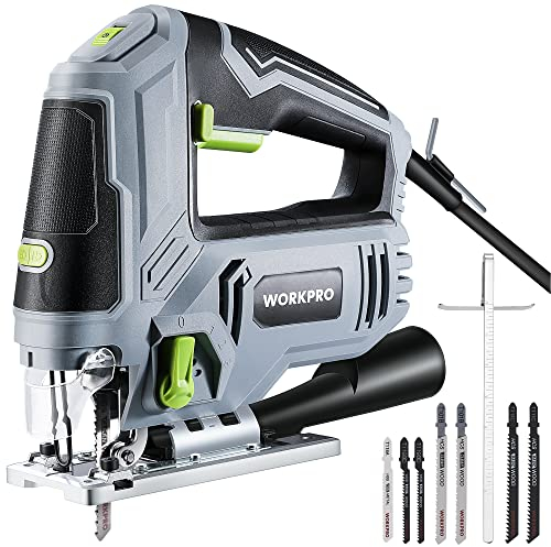 WORKPRO 850W Sierra de calar, con 6 velocidades y 4 posiciones orbitales, función de soplado de polvo, LED luz, ángulo de corte de ±45°, con tubo y regla guía, incluye 7 hojas de sierra