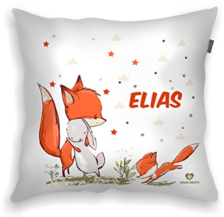 wolga-kreativ personalisiertes Kissen Fuchs und Hase40x40 cm – Kuschelkissen mit Namen & süßen Kindermotiven – Geschenk zur Geburt, Taufe & Geburtstag –Flauschiges Namenskissen