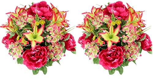 Admired by Nature 2pcs of 24 Stem Artificial Roses Carnation Mixed Bush Spring Faux Flower Arrangement for Outdoor & Indoor Wedding Home Decoration, Cemetery Decorations for Grave, Beauty