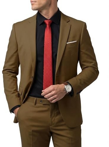 Hihawk Men's 2 Piece Slim Fit Suit with Stretch Fabric, Solid One Button Blazer Jacket Vest Pants Set with Tie.Khaki