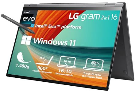 LG Gram 2023 - Ordenador portátil y tablet convertible ultraligero 2 en 1 de 16 pulgadas, Intel Core i7 de 1480 g (16 GB de RAM, 1 TB SSD, pantalla LCD IPS 16:10 con lápiz táctil, Thunderbolt 4, Win