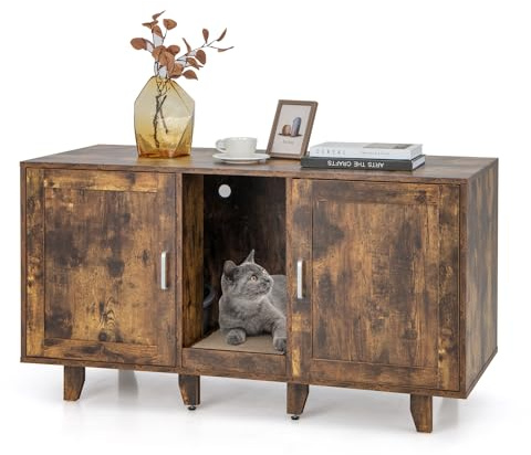 COSTWAY Cajas de Arena para Dos Gatos, Casa de Baño Oculto para Mascota con 2 Puertas, Arenero Cubierto con Entrada Sinuosa y Tablero Rascador, Mesa Auxiliar para Gatos 120 x 52 x 65 cm (Café)
