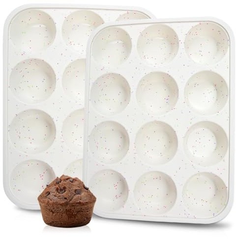 CAKETIME Silicone Muffin Pan, Metal Reinforced Frame Cupcake Pan 12 Cups Regular Size Easy to Move in or Out of Oven Non-Stick (2)