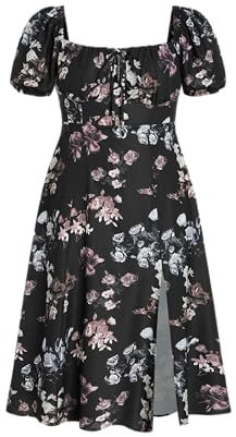 CIDER Midi Dress Summer Dresses for Women 2024 Plus Size Summer Dresses Fruit Square Neck Puff Sleeve Midi Dress Curve & Plus, Carbon, 2X