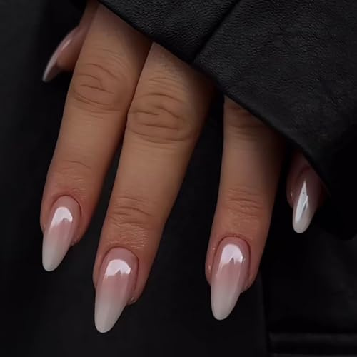 Ceboic 24 Pezzi Press on Nails Mandorla, Lunghe Sfumate Rosa Bianche Francese Unghie Finte Adesive, Rimovibili Copertura Completa Stick sulle Unghie Artificiali per Donne e Ragazze Nail Art