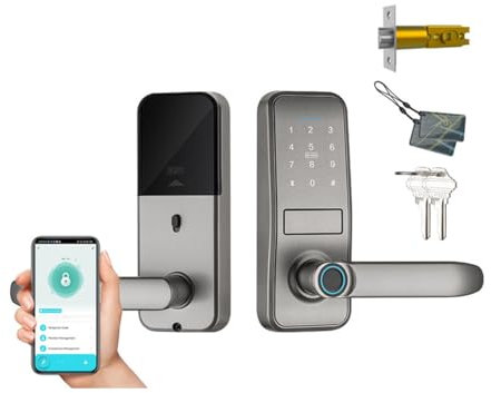 Smart Lock, Keyless Entry, Sleek Matte Black Handle, Electronic Keyboard, Fingerprint and Touch Keyboard, Biometric Bluetooth Smart Lock for Front Door