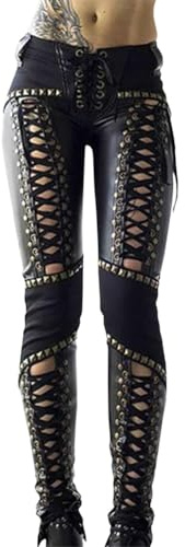 ORANDESIGNE Pantalon en Cuir PU Femme Leggings Skinny Extensibles Pantalon Gothique Punk en Simili Cuir Taille Haute Pantalon Moulant à Bretelles Croisées A Noir S