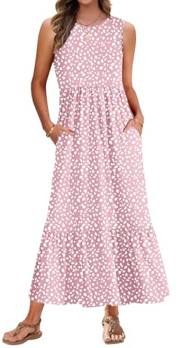 AUSELILY Summer Dresses for Women UK Sleeveless Maxi Dresses Ladies Beach Coverups Sun Dresses Tiered Long Dress with Pockets Pink Horseshoe M