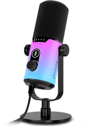 FDUCE USB/XLR Gaming Dynamic Microphone for Podcast Recording, PC Computer Gaming Streaming Vocal Mic with RGB Light, Mute Button, Gain Knob,Headphones Jack, with Desktop Stand (D20)