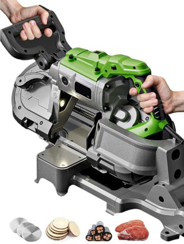 Sega a nastro per il taglio del metallo 1100 W con 2 lame di ricambio, tecnologia di taglio a freddo, luce LED integrata, base rimovibile con pulegge, sega elettrica per legno/vetro/metallo/carne