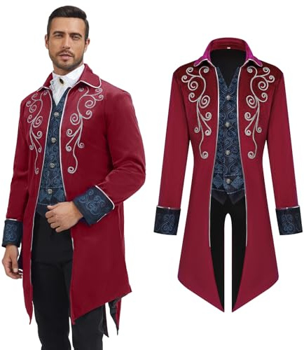 AFJIODUV Steampunk Frack Cappotto Vittoriano Vintage Gotico Frack Cappotto Medievale Rinascimento Uomo Steampunk Vintage Giacca Festa Cosplay Uomo Costumi per Adulti (Rosso, 3XL)