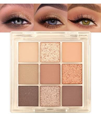 Erinde Lidschatten Palette Matt & Glitter - 9 Farben, Langanhaltende Wasserfest Eyeshadow Palette, Brown Metallic Glitzer Lidscahtten, Cream Long Lasting Eyeshadow