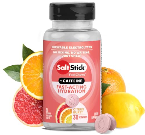 SaltStick Electrolyte FastChews con cafeína - 60 comprimidos masticables con sabor citrus - Tabletas de sal para correr e hidratarse - 60 unidades
