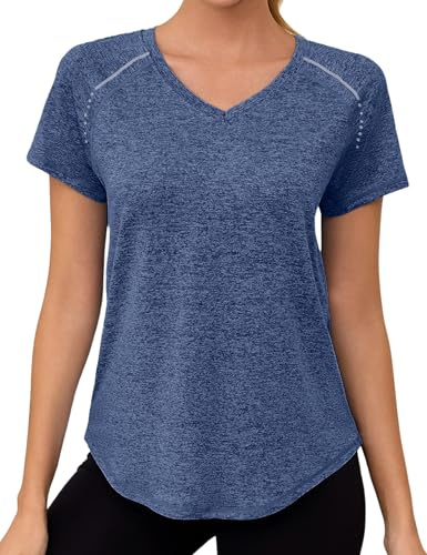 Gyabnw Camisetas Deportivas Mujer Manga Corta Corte Suelto Cuello en V con Protección UV UPF 50+ Top Secado Rápido para Yoga Fitness Exterior