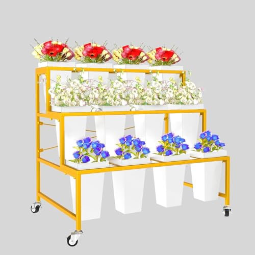 Lhysn Flower Display Stand, 3 Tier Metal Plant Stand with 12pcs Plastic Flower Buckets, Moving Heavy Duty Flower Cart Flower Rack Indoor, Outdoor Patio,Garden, Living Room,Florist (White)