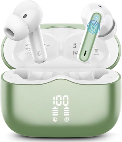 Ecouteurs Bluetooth sans Fil, Ecouteurs Bluetooth 5.4 avec ENC Réduction Antibruit Mic, 40H HiFi Son Stéréo Durée de Lecture, IP7 Étanche Oreillette sans Fil Écran LED USB-C pour Android iOS, Vert