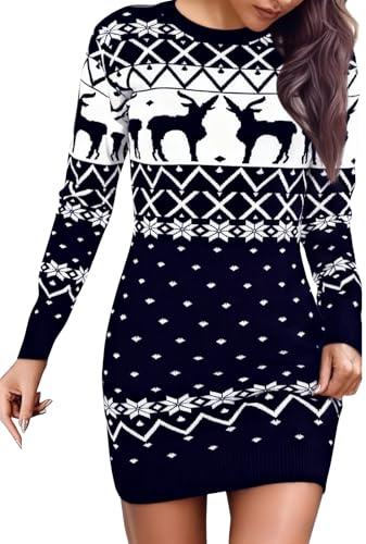 Marvmys Vestido Punto Navidad Mujer Invierno Vestido de Suéter Manga Larga de Cuello Redondo Elegante Christmas Sweater Dresses