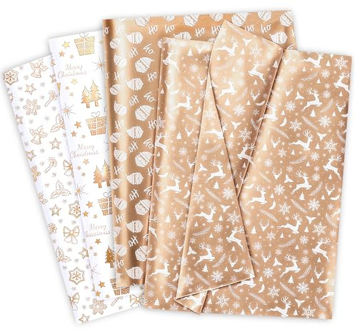 Larcenciel Papel de Seda Navidad, 60 Hojas Papel Seda para Envolver Oro Rosa Metálico, Embalaje Regalo Navidad Brillantes con Renos Enanos, Envoltorios Regalos para Año Nuevo, Fiesta, Boda, 50x35 CM