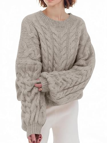 Saodimallsu Pull pour femme Oversized Col rond Pull tricoté à manches longues Motif torsadé Tricot épais Haut Couleur unie Décontracté Hiver Vêtements, kaki, S
