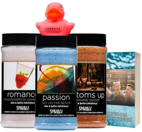 Spazazz Set The Mood - Set di sali da bagno per aromaterapia, confezione da 3 (500 ml ciascuno) Passion, Romance & Bottoms Up rilassanti cristalli di sale da bagno con anatra di gomma ed e-book