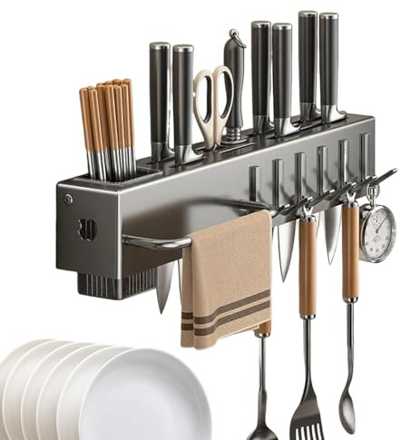 Amesor Organizador de Utensilios de Cocina - Porta Cubiertos de Pared,Barra Sin Taladros Con Ganchos Para Organización De Utensilios De Cocina Y Cubiertos