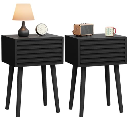 YMYNY Set di 2 Comodini, Tavolini da Salotto, Stile Mid-Century Moderno Canaliato, Cassetto a Apertura a Pressione, Gambe in legno massello, 35×27×53cm, per Camera da Letto, Soggiorno, Nero HST018B-2