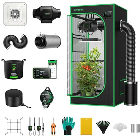 VIVOSUN Set Completo per Tenda da Grow 60x60x120cm, Lampada LED a Spettro Completo 100W, con Ventilazione Automatica e Circolazione, Kit Coltivazione Indoor con controller GrowHub E42A
