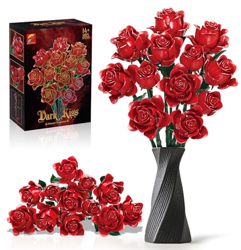 Bouquet de roses rouges à construire, cadeaux pour lui ou elle pour la Saint Valentin, 12 roses artificielles en briques de construction, bouquet de fleurs botaniques, cadeaux pour anniversaire