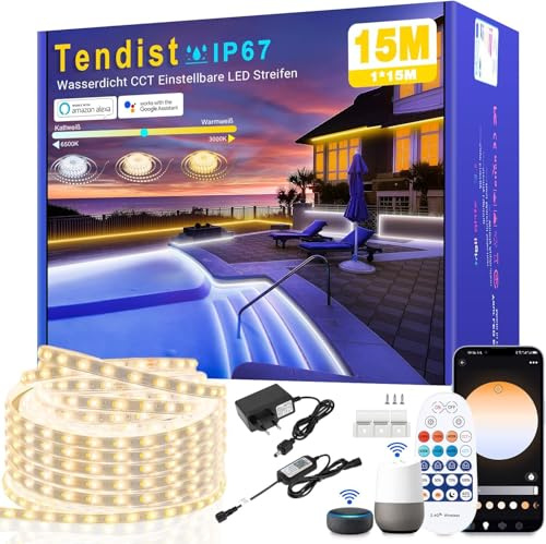 TENDIST Tira LED Exterior Impermeable Blanco Frio a Blanco Calido Regulable, Luz LED Compatibles con Alexa, LED Strip WiFi Smart Impermeable, 24v Tiras de LED Adhesiva para Cocina, Jardín (15M)
